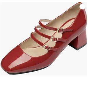YDN Women Comfortable Square Toe Mary Jane Pumps Slip On Block Mid Heels Red